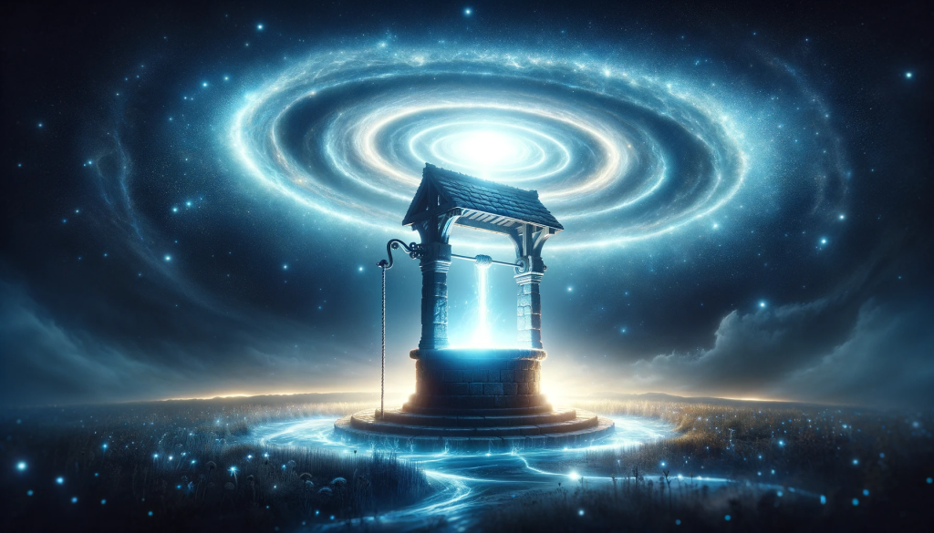DALL·E 2024 01 16 19.16.21 An image of the ancient wishing well now activated becoming a conduit of unlimited power. The well glows with an intense otherworldly light symboli